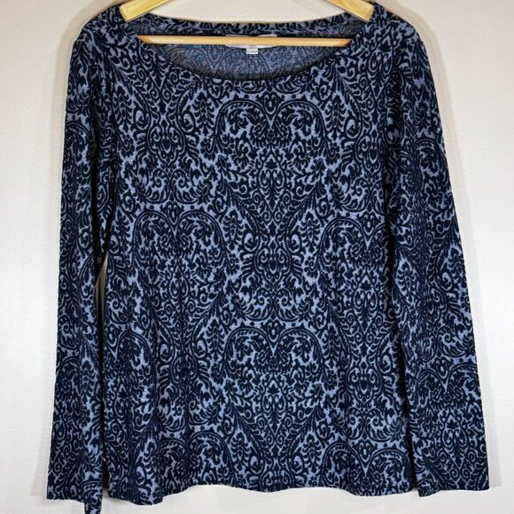 #171 Women's Loft Long-Sleeve Damask Top, Black on Grey, Size Large - Picture 1 of 5